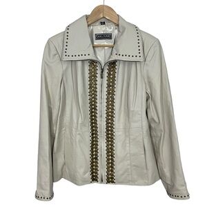 Guillaume Leather Jacket Womens M Cream Boho Studding Fitted Stylish Casual VGUC